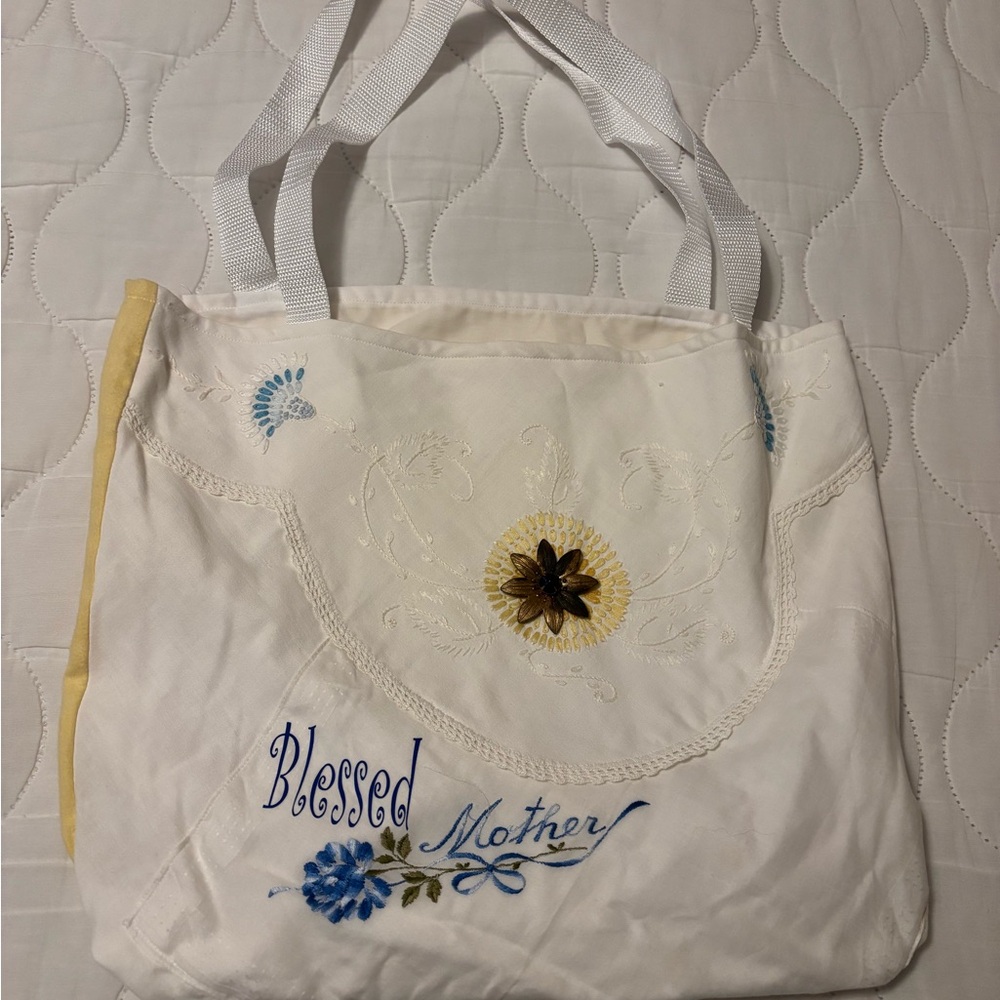Vintage Linen Embroidered Floral Tote Bag - Cream and Yellow